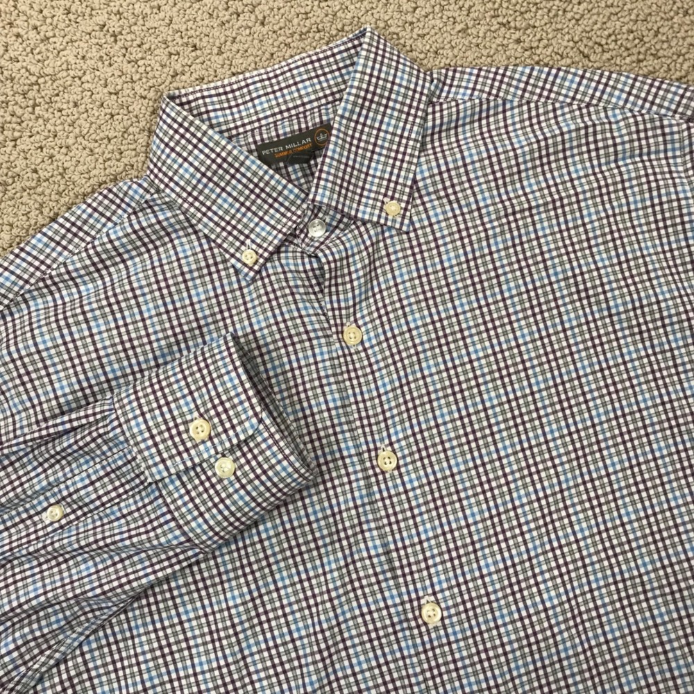 Peter Millar Summer Comfort Mens L Plaid Button Down Shirt Purple Blue Nylon Mix